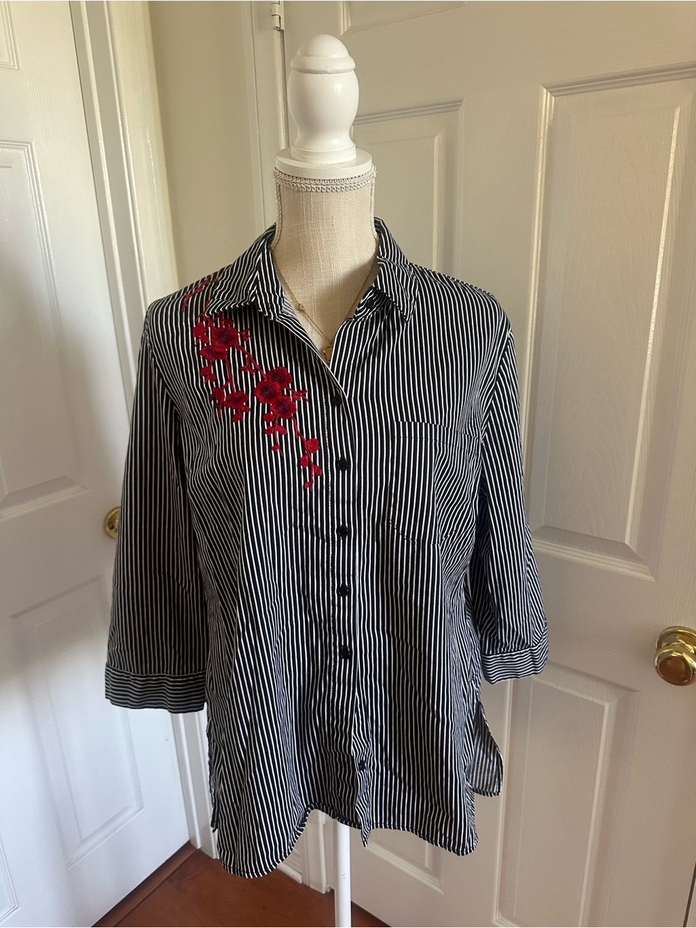 Women’s Black & White Striped Button-Up Top with Red Floral Embroidery
